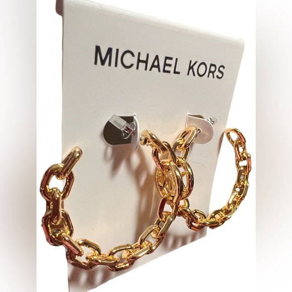 Michael Kors NWT Beautiful Chunky Gold Tone Chain MK Logo Hoop Earrings (J057) - Picture 2 of 5
